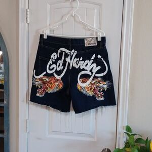 Rare Ed Hardy Jean Shorts - Dark Wash w DblTiger Graphic & Signature